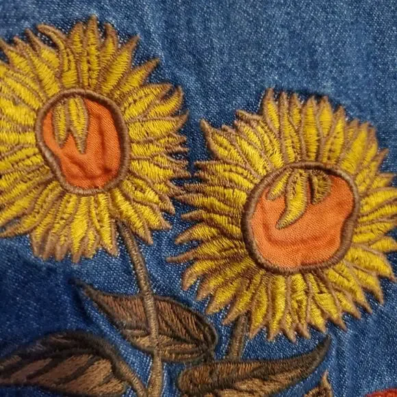 Vintage 90s Cottagecore Sunflower Fall Autumnal Denim A Line Maxi Dress - Picture 7 of 15